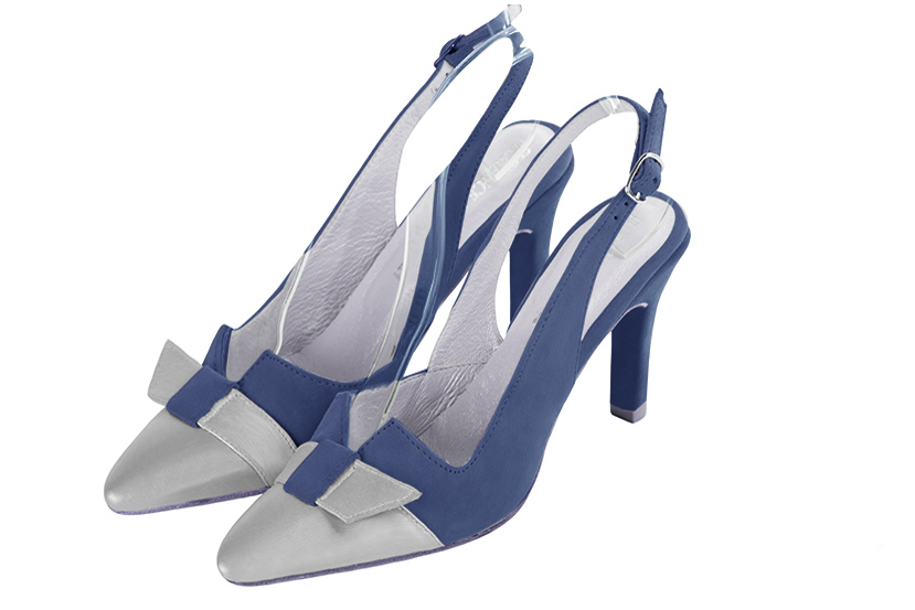 Light silver and prussian blue women's open back shoes, with a knot. Tapered toe. High slim heel. Front view - Florence KOOIJMAN